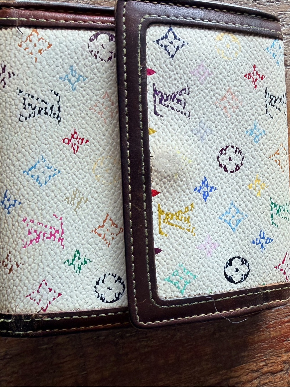 Louis Vuitton Multicolor Monogram White Canvas Wallet with Brown Trim